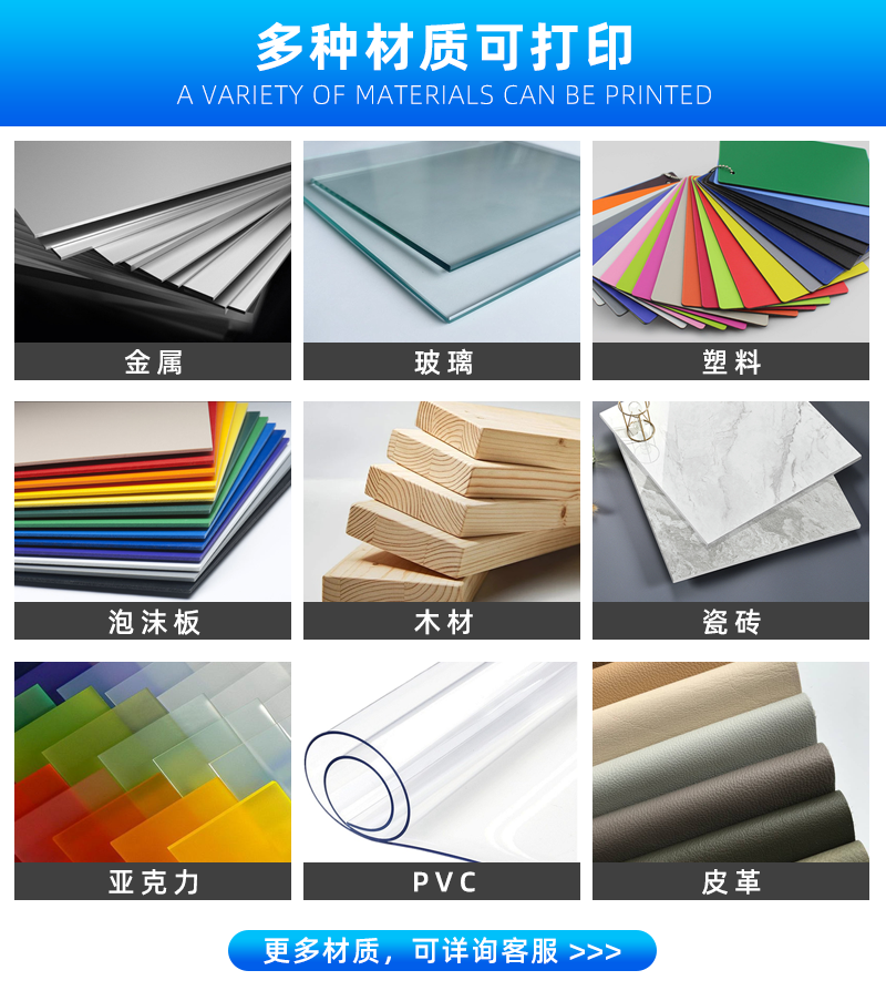 可打印的材料：金屬。玻璃、塑料